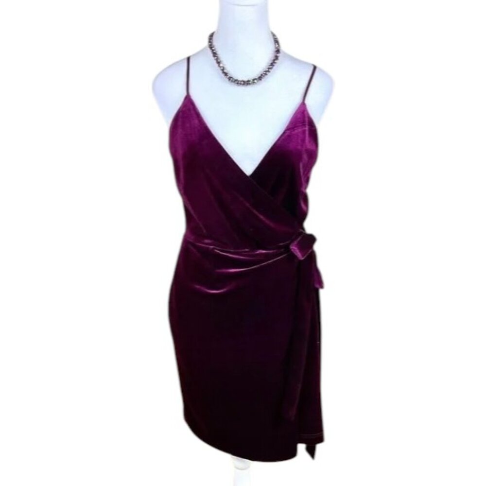 Adelyn Rae Velvet Dress Burgundy Faux Wrap (S)